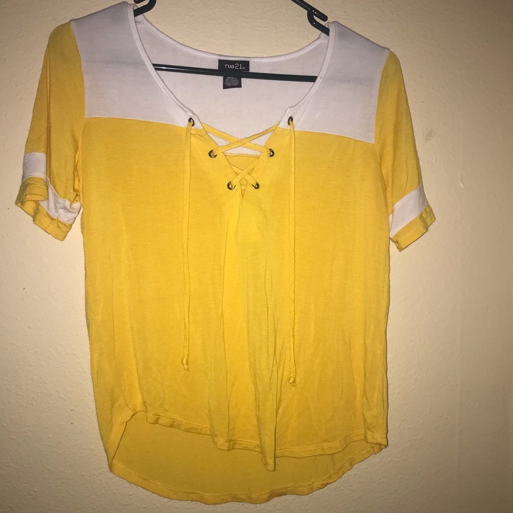 yellow criss-cross v neck design.